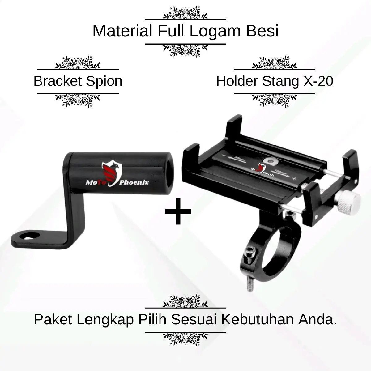 ( FULLSET ) MoTo Phoenix Holder Hp Stang Motor X-20 Material Full Logam + Bracket Extention Spion Motor Material Logam Besi