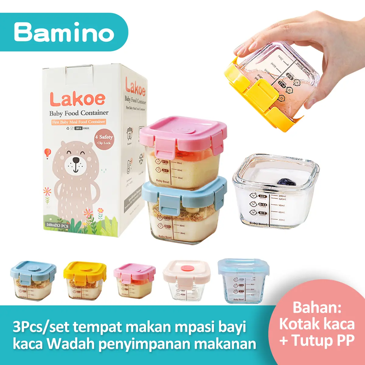 BAMBINO 3Pcs/set Wadah mpasi kaca Kotak tempat makan anti bocor Food container set Peralatan Silikon Biru Merah