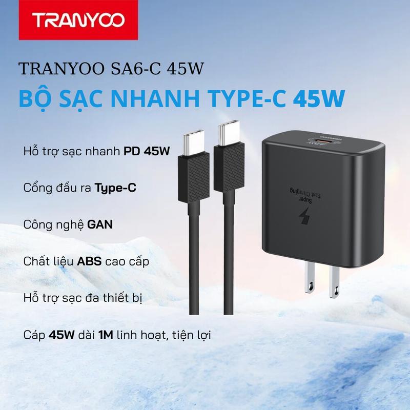   LIVESTREAM  Bộ Sạc Nhanh 45W Tranyoo SA6C Cổng Type-C Công Nghệ GaN Sạc Nhanh 45W PPS 2.0 - Sạc Cho Điện Thoại Và Laptop Chuẩn PD sạc 45w samsung sạc 45w Phụ Kiện sạc điện thoại laptop trend củ 
