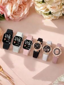 Un juego de 6 relojes de cuarzo con correa de cuero para mujer, con pantalla LED impermeable y reloj deportivo electrónico inteligente para fitness