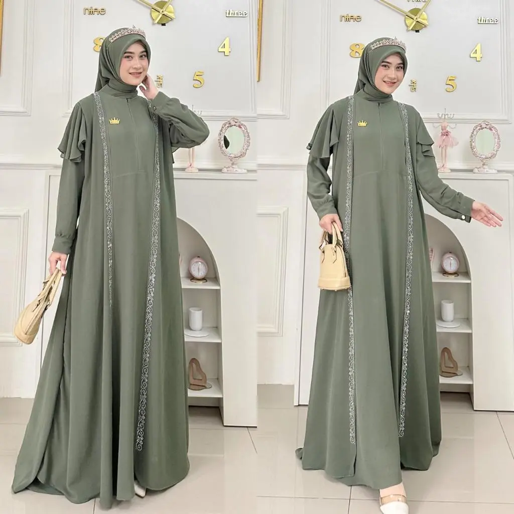Wilona Gamis Set Kerudung Ceruty Gamis Lebaran Dress Terbaru Casual Silver