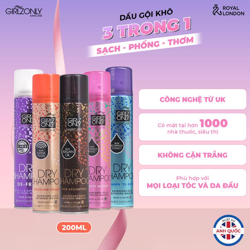 Dầu gội khô Girlz Only 3in1 sạch phồng thơm kiềm dầu hiệu quả lưu hương 3-4h xuất xứ Anh Quốc phù hợp với mọi loại tóc kể cả da đầu nhạy cảm dung tích 200ml