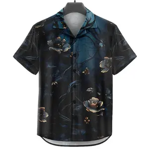 GOKS Baju Kemeja Pria Wanita Motif Full Printing Dowear Laki Laki Kekinian 665 BLACK FLOWERS