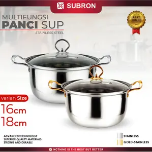 [ SPECIAL LIVE ] SUBRON Panci Sup Soup Pot 16cm 18cm Stainless Steel Tutup Kaca Gagang Silver Gold Kecil