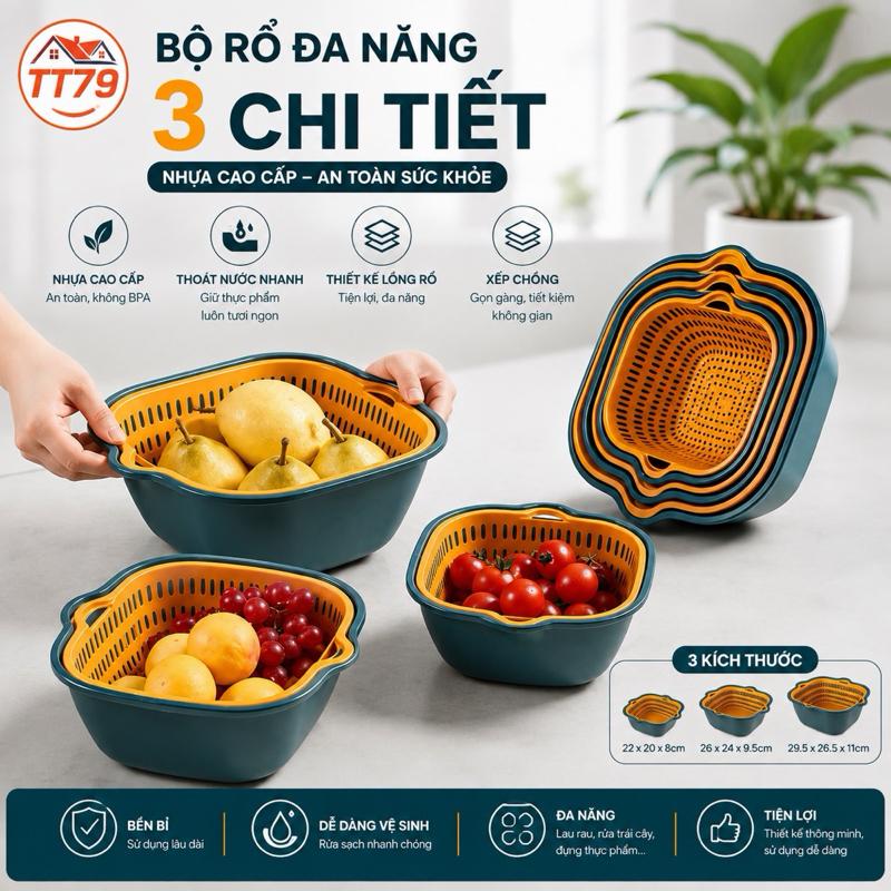 Set 6 món rố nhựa đa năng kèm chậu thau nhựa rửa rau củ quả trái cậy 2 lớp hình…