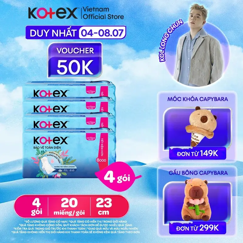 Lốc 4 gói/Combo 12 gói Băng vệ sinh Kotex Hỗ trợ Bảo Vệ 23cm Dày Cánh 20 miếng/ gói 0