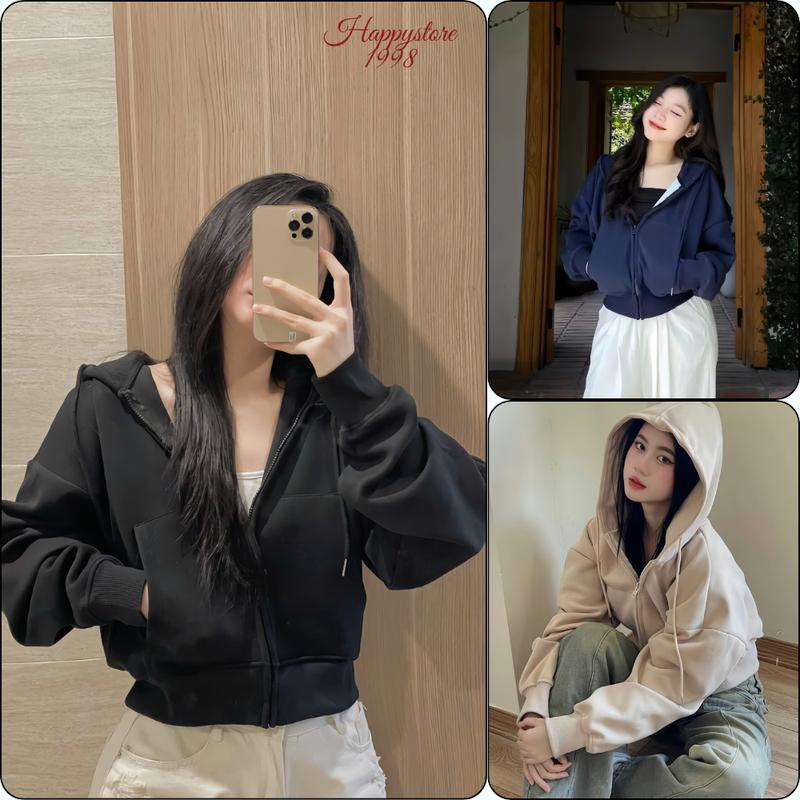 Áo khoác nỉ hoodie zip croptop nỉ nữ form rộng có mũ 2 lớp dày và có 4 túi Women