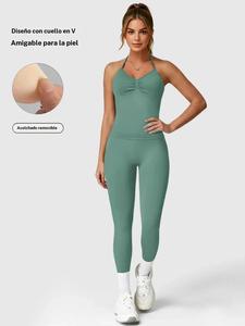 Conjunto deportivo para mujer: top tipo tank sin espalda con almohadillas removibles y leggings de cintura alta; ideal para gimnasio, correr al aire libre y yoga.