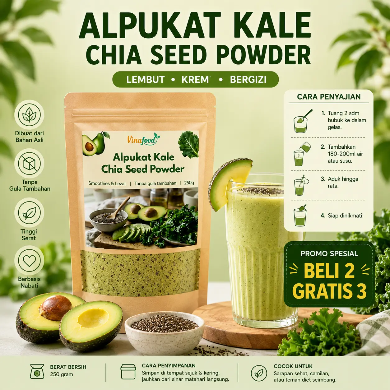 [BEL2 GRATIS 3] Avocado Kale Chia Seed Powder | Minuman Bubuk Alpukat, Kale & Biji Chia