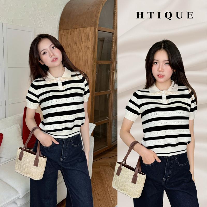 (BST hè HTIQUE) DEAL mở bán Áo Polo đục lỗ kẻ ngang, Áo len dệt kim thoáng khí basic  HT20