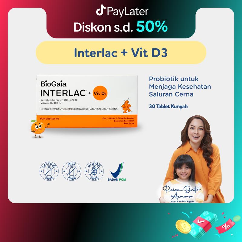Interlac Probiotik + Vit D3 400 IU 3 Strip @10 Tablet - Menjaga Kesehatan Saluran Cerna dan Daya Tahan Tubuh Anak hingga Dewasa 1