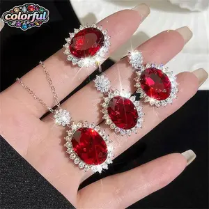 COLOS40R Anting batu permata berwarna Eropa dan Amerika, set ruby ​​​​bermutu tinggi, liontin zirkon seukuran telur merpati, kalung cincin terbuka
