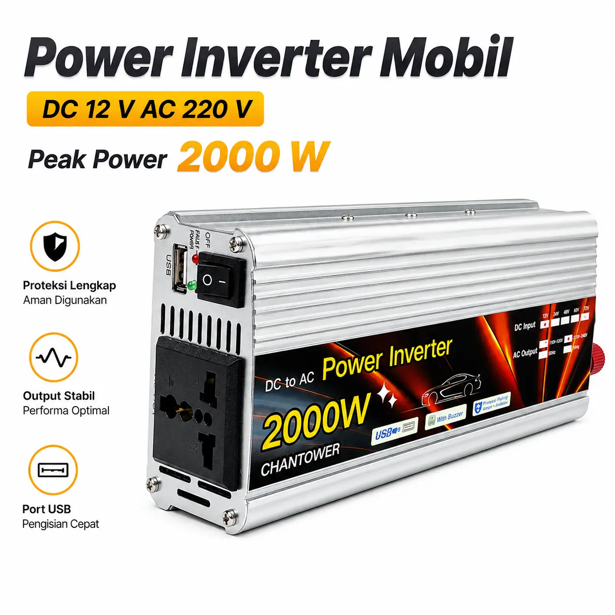 Power Inverter Mobil 2000W Modified Sine Wave DC 12V to AC 220V - Pengubah Arus Aki SAA-2000A