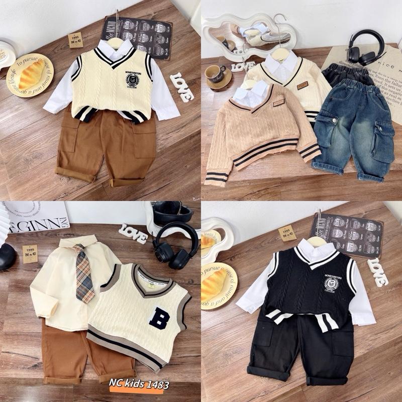  sét ba chi tiết áo sơ mi trắng kèn áo gile đen kèm quần jean sz 10-20kg cho bé trai 