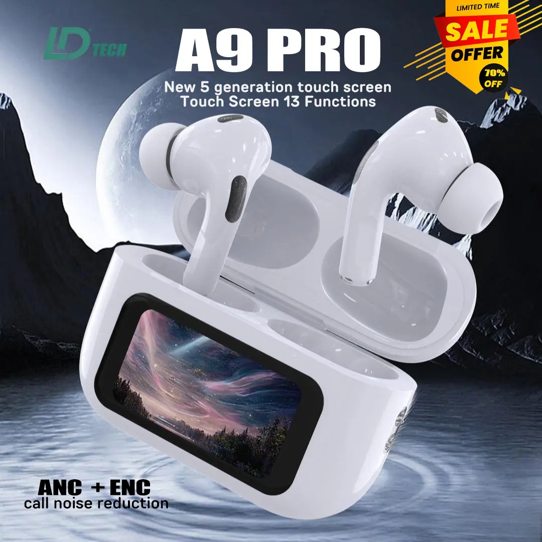 New a9pro Bluetooth headset LCD intelligent color screen touch screen active noise reduction ANC + ENC audio digital waterproof stereo electronic earbuds