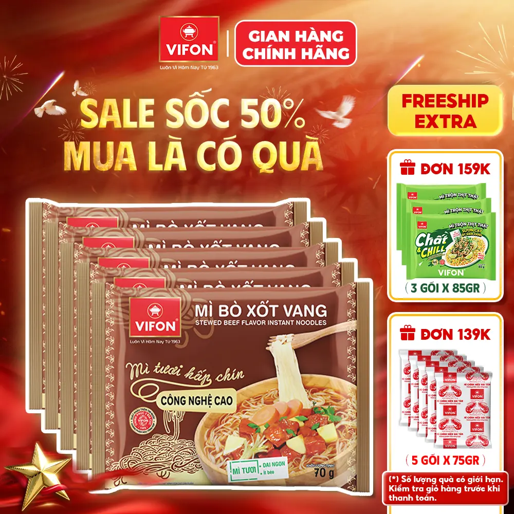 [VOUCHER HOT 15%] Set 5/ Set 10 gói Mì Tươi Bò Xốt Vang/ Thịt Bằm / Tôm Chua Cay VIFON 70gr/Gói