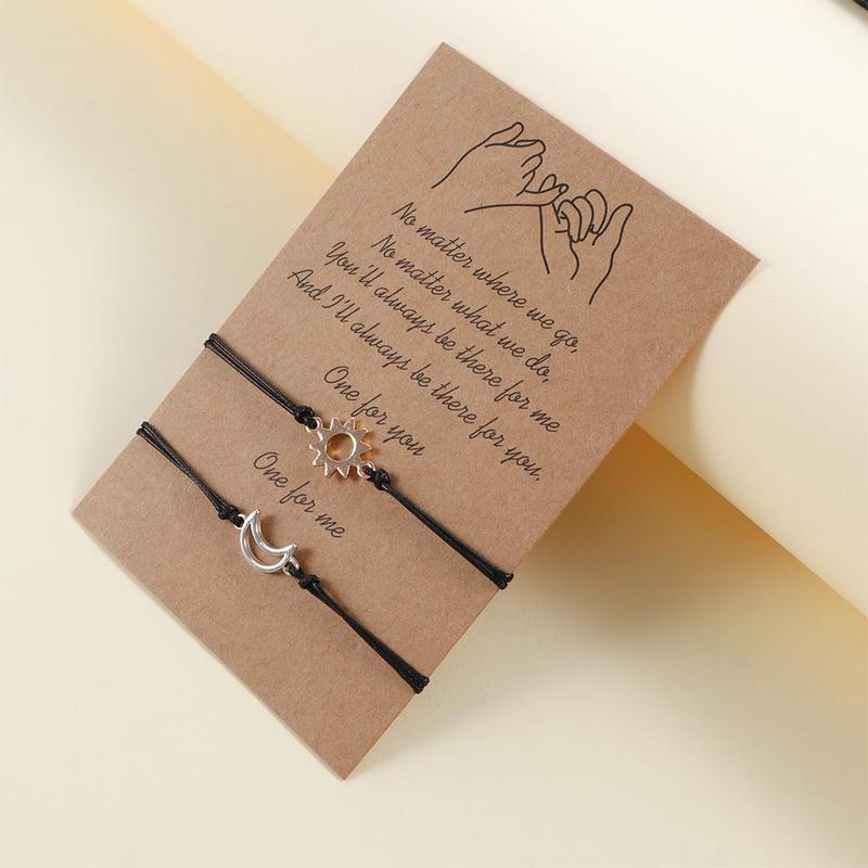 Bộ Vòng Tay Cặp Đôi Cho Nữ, 2 Món, Dây Chỉ Bện Thủ Công Màu Đen, Vòng Tay Thẻ Quyến Rũ Mặt Trời Và Mặt Trăng Bohemian, Đồ Trang Sức 5