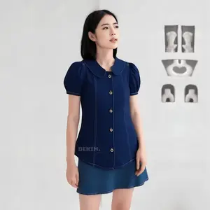 Kemeja Wanita Casual Denim Slim Fit dengan Kancing Depan Bahan Lembut dan Soft Model Lengan Pendek Jeans Panjang Crop Hitam Muda Atasan Basic