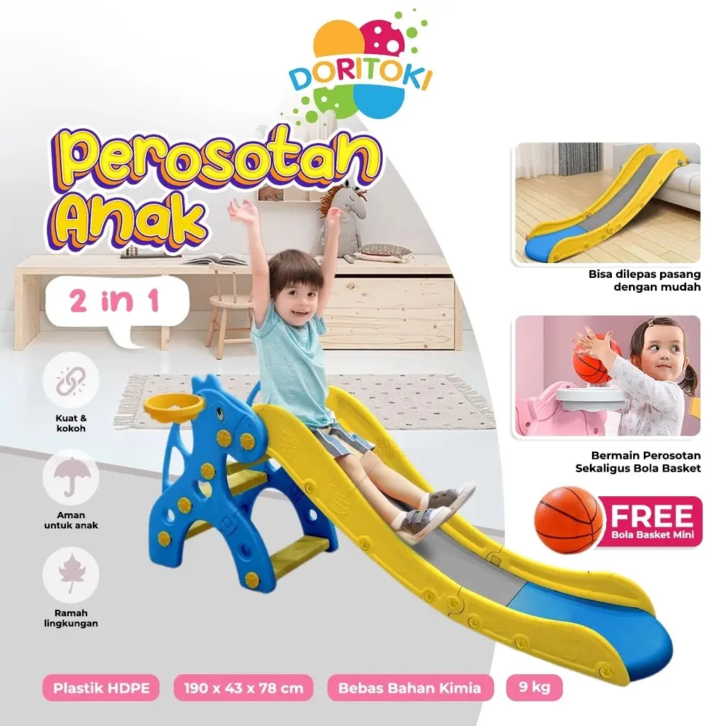 Doritoki X Molion Perosotan Anak Binatang Kuda Mainan Seluncuran Anak Premium Free Ring Basket