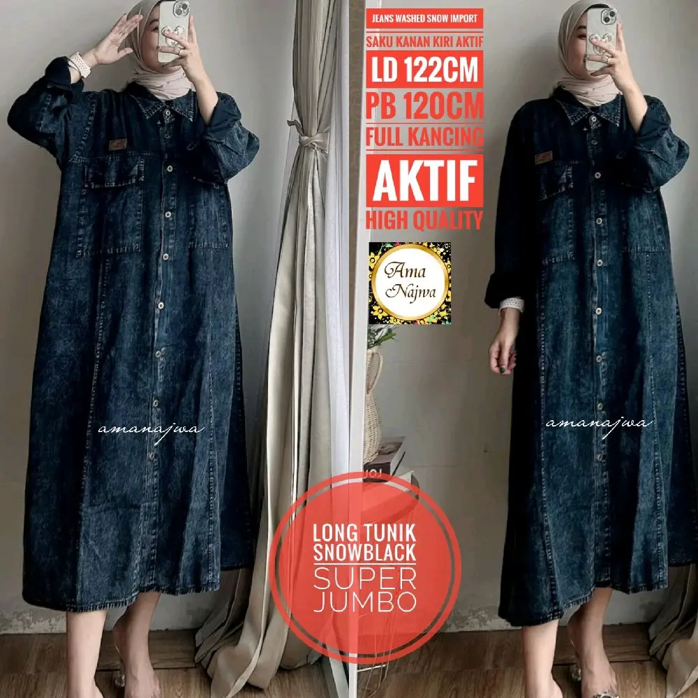 Tunik Panjang Jumbo LD122 dengan Kancing Aktif - Atasan, Muslim, Remaja, Gamis, Wanita, Katun, Rayon, Dewasa