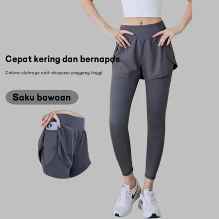 Celana Olahraga Wanita 2 In 1 High Waist Polos, Legging + Inner Celana untuk Gym, Bersepeda, dan Yoga. Bahan Cepat Kering, Nyaman dan Stylish untuk Aktivitas Olahraga Anda! Outdoor Pakaian Sport 3