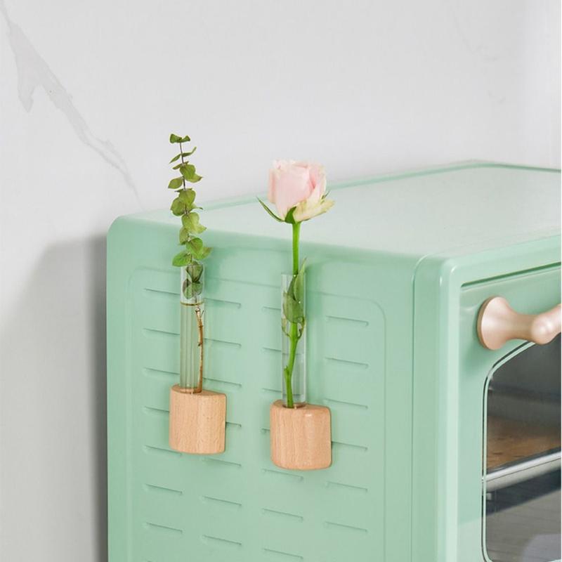 Household Refrigerator Magnet Test Tube Clear Vase with Wooden Base Space-Saving Transparent Hydroponic Vase Decoration Plastic Plants Flower Pot 5