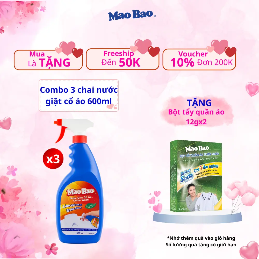 Combo 3 Nước giặt tẩy cổ áo Mao Bao 600ml tẩy Làm Sạch cổ áo, tay áo, nách áo, không phai màu, không hại da tay