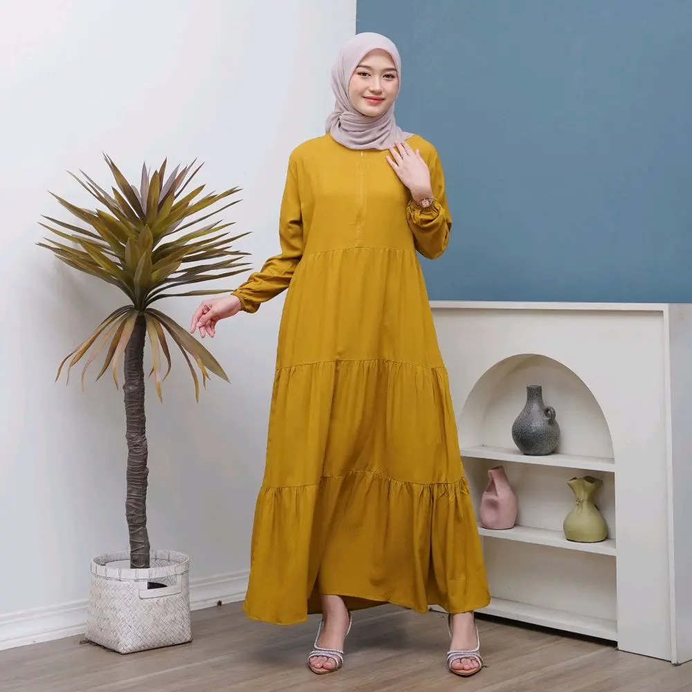 Dress Gamis Hanum Rayon Premium Susun Rempel Wudhu Karet Samping Hitam Lembut Wanita Nyaman