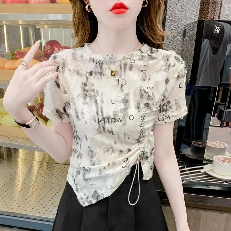 Áo Thun Ngắn Tay Cho Nữ, Áo Phong Cách Tie-dye Không Đều, Độc Đáo, Cao Cấp, Mùa Hè, Mới Sơ Mi Top Women Cổ Tròn kim  cuong  sociu