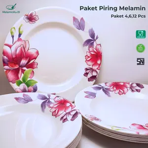 Piring Melamin Estetik 1 Lusin Ori Motif Bunga Ukuran 9 Inch Paket 4/6/12 Pcs Bebas BPA dan Food Grade