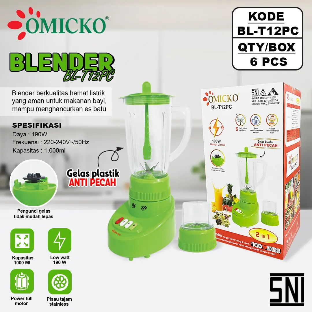 OMICKO Blender Bahan PLASTIK HIJAU BL-T12PC Sudah SNI dan 6 Mata Pisau serta Food Grade Cocok untuk Bayi