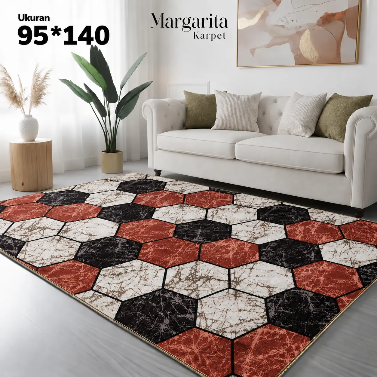 [95x140cm] Margarita Karpet Busa Malaysia Flanel Motif Kotak Geometris Modern Lembut Anti Slip untuk Ruang Tamu