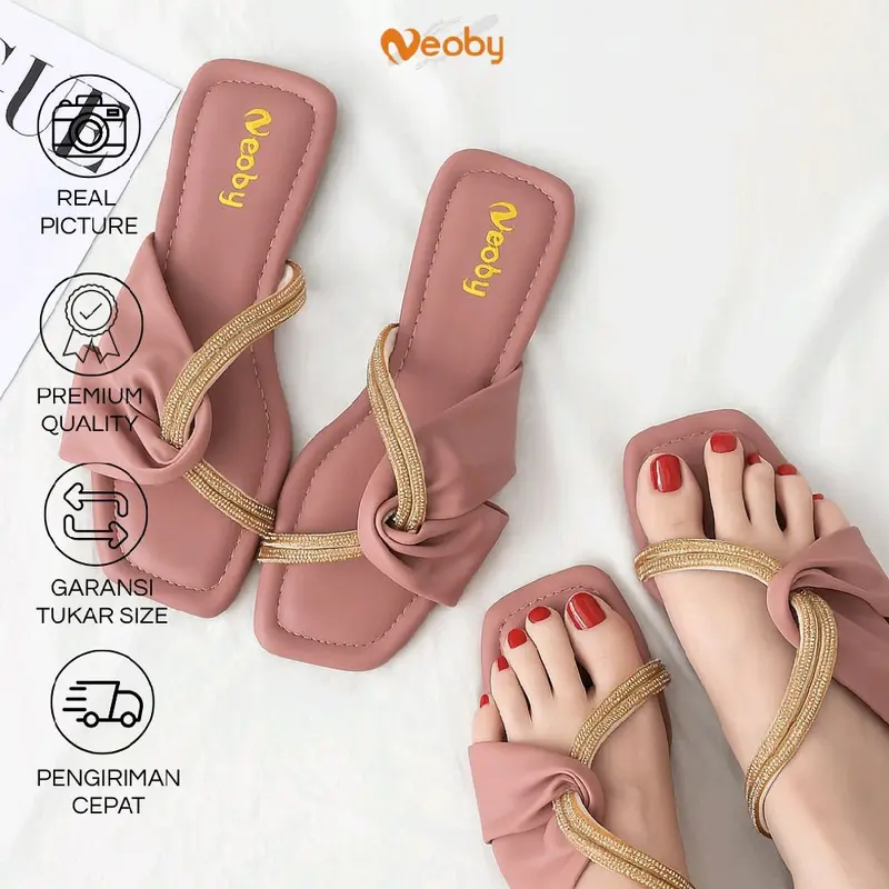 Neoby KARIN sandal Wanita flat glitter bling bling sendal cewek selop tali Karet 0