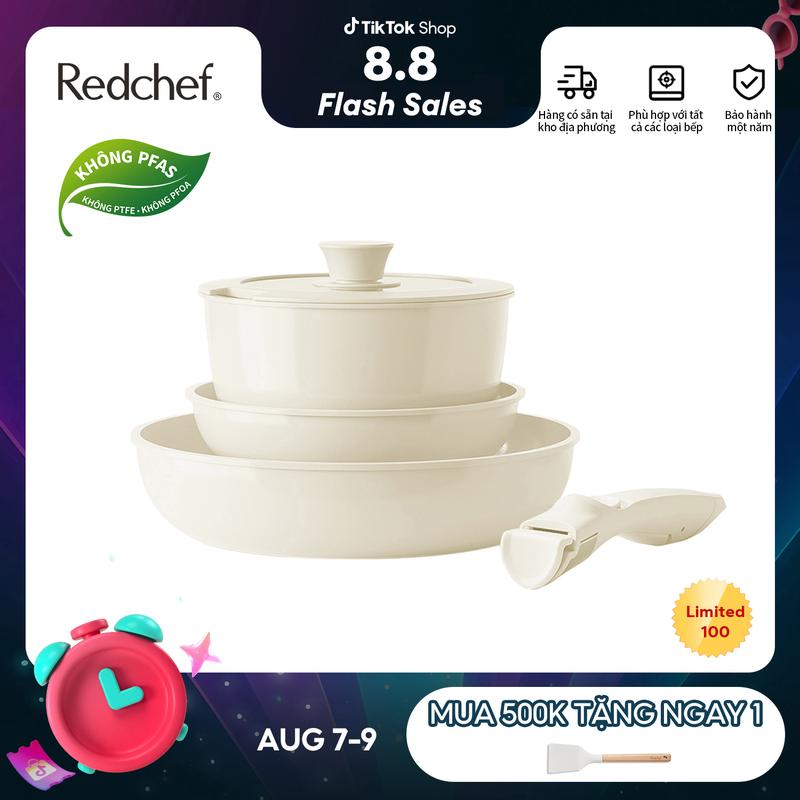 Redchef Bộ 5 Nồi Chảo Chống Dính Tay Cầm Tháo Rời Không Chứa PFAS PTFE PFOA Phù Hợp Mọi Loại Bếp