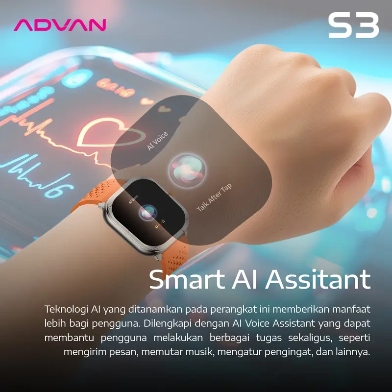 ADVAN Smartwatch S3 1.99" inch up to 15 Days IP68 Waterproof 300mAh AI Assistant Bluetooth 5.3 5