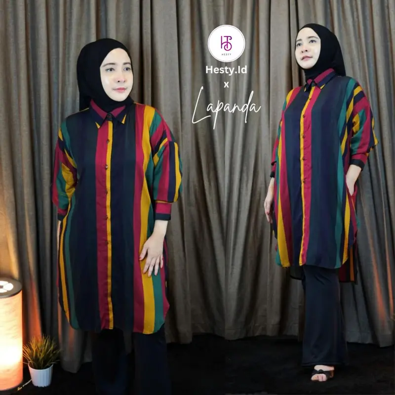 HESTY X Lapanda Kemeja Tunik Rainbow Oversize Premium Lengan Panjang Muslim Wanita Atasan Basic Rayon Katun 1