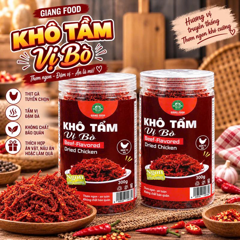 COMBO 2 HŨ KHÔ GÀ TẨM VỊ BÒ- HỦ 300G-ĐẬM VỊ BÒ- CÓ GIẤY ATVSTP