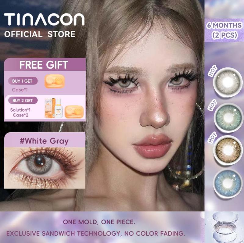 【White Gray TINACON LENS 2 chiếc 6 tháng Màu Xám Nâu Đường Kính 14,2 14,5mm Có Thể Sử Dụng Trong 6 Tháng Phạm Vi Độ: 0,00-8,00 Giá 1 Cặp Tặng Kèm Khay Dụng Cụ Đeo