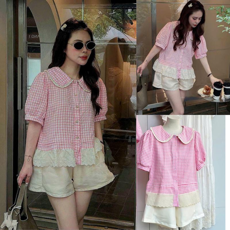 Set Bộ Basic Áo Sơ Mi Kẻ Hồng Cổ Bẻ Phối Ren Tay Bồng Mix Quần Tafta Cạp Chun Co Giãn Có Túi Basic Dễ Mặc Thanh Lịch Tiểu Thư Top Women By TH