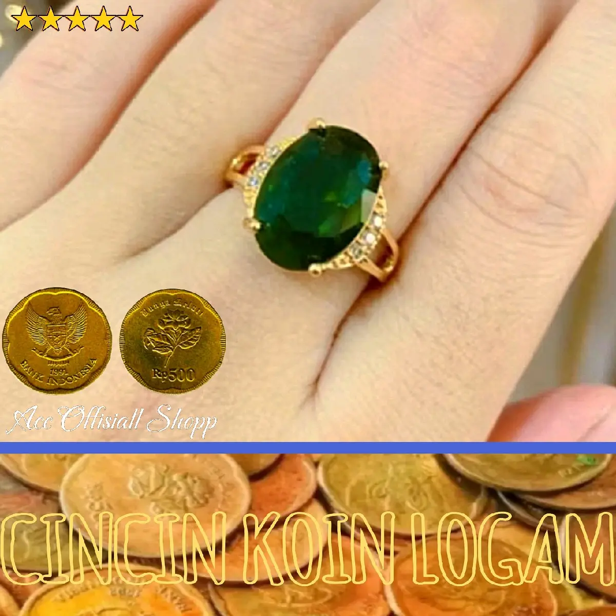 CINCIN CANTIK WANITA BATU DELIMA HIJAU DARI KOIN LOGAM 1991 ANTI KARAT ANTI LUNTUR PERHIASAN CINCIN WANITA TERBARU