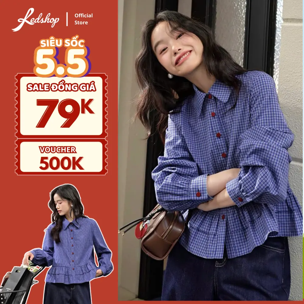 Áo sơ mi nữ kẻ caro nhỏ Red Shop 308001 fom babydoll chất thô cotton - Màu xanh - Size S/M/L aosominu thanh lịch áo cánh & áo sơ mi