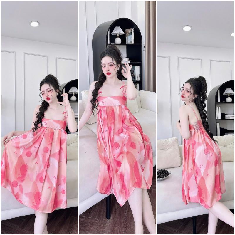 Product Introduction of (Kèm quần) Đầm ngủ lụa xếp ly ngự đính nơ dễ thương chất latin mềm mịn in họa tiết dễ thương 40-65kg 6