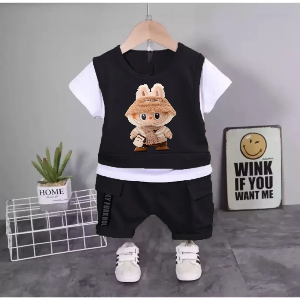 SET BAJU ANAK LAKI LAKI BAJU DAN CELANA PENDEK ANAK MOTIF LABUBU TERBARU 1-5TAHUN