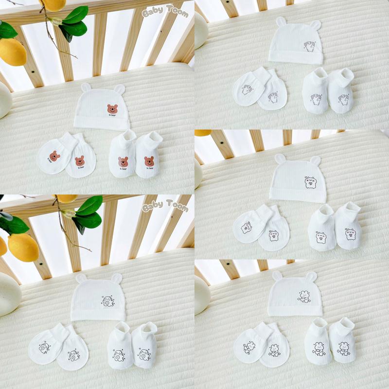 SET MŨ + BAO TAY + BA0 CHÂN TRẮNG COTTON THÔNG HƠI CỰC MỊN MÁT, họa tiết HÀN QUỐC cực xinh cho 0-3 tháng, đến 5kg