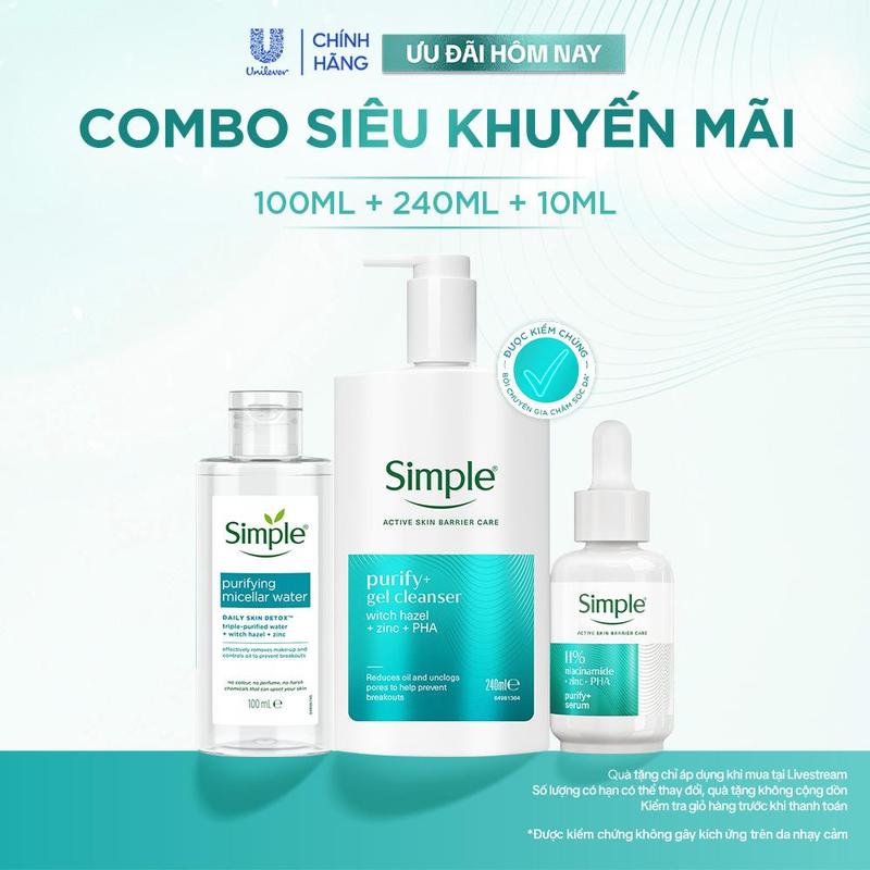[1] [MỚI] Combo 3 Simple: Nước tẩy trang 100ml cho da nhạy cảm, Sữa rửa mặt 240ml & Serum 10ml Purify+ kiềm dầu, giảm mụn sau 7 ngày