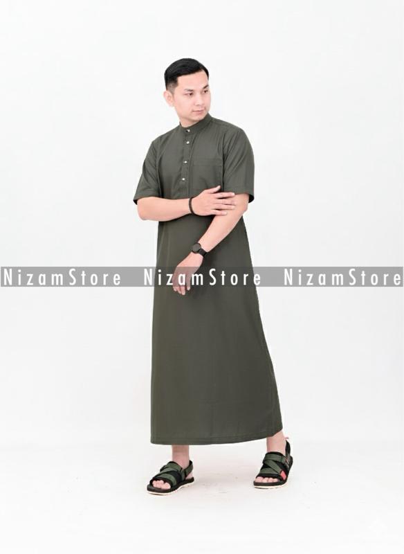 Gamis Pria Jubah Lengan Pendek Kancing Snap Muslim Dewasa Katun Premium Hitam Putih Abu Haji Umroh