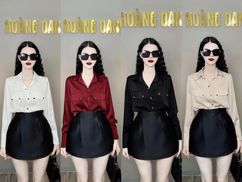Áo sơ mi lụa trơn ,áo sơ mi lụa nắp túi ngực Nhung Nữ Women Top