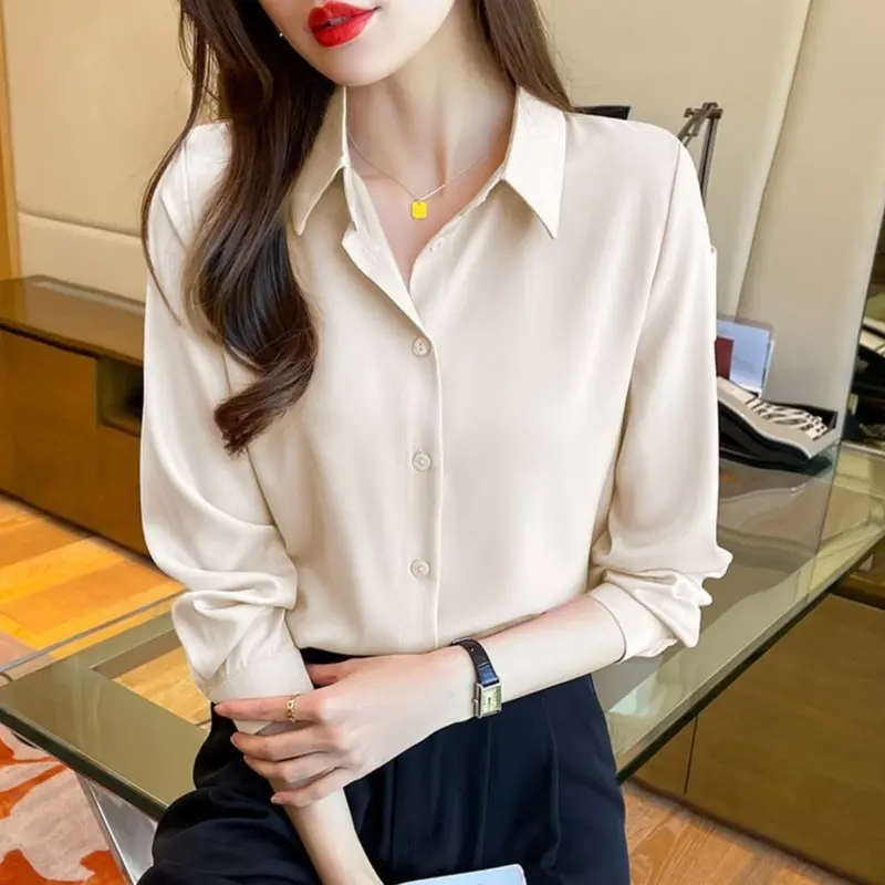 Kemeja Atasan Wanita Polos Untuk Kerja Lengan Panjang Full Kancing Bahan Shakila Twill 7