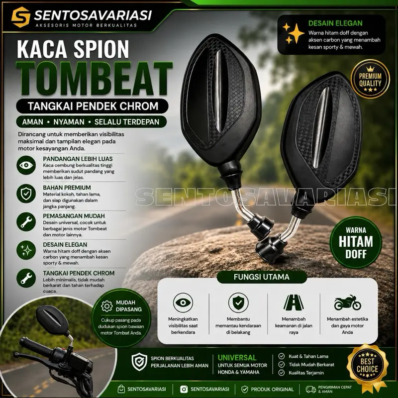 JTX Spion Motor New Model Tombeat Tangkai Pendek Hitam Universal untuk Honda & Yamaha Kaca Mirror Grade A Premium Anti Karat Motorcycle Universal Honda Yamaha