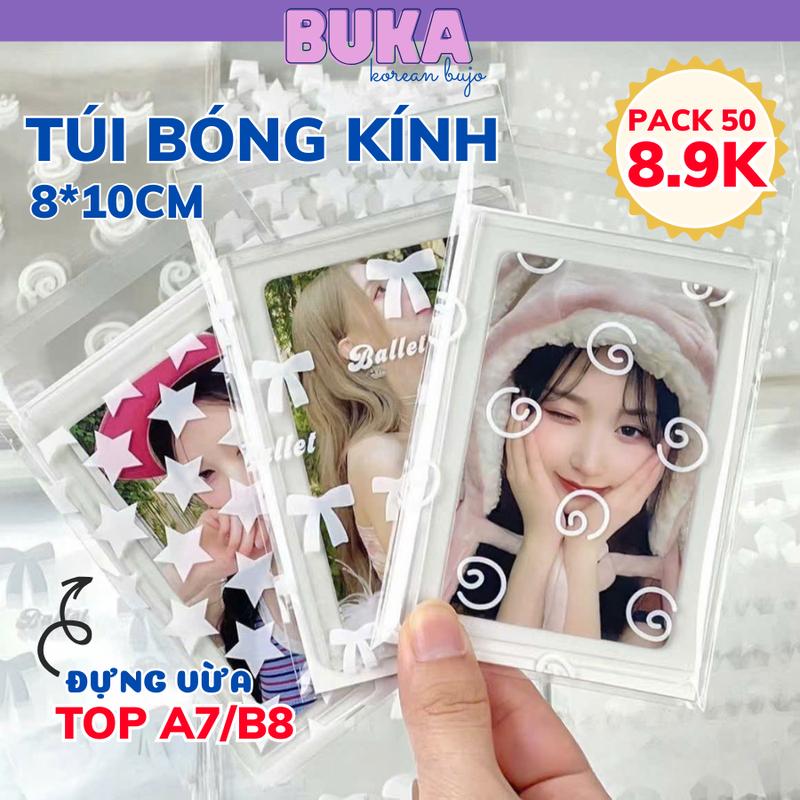 Gói 95-100 Túi Bóng Kính Dán Miệng 8x10 Buka Túi Bóng Kính OPP Đựng Vừa Toploader A7, B8 Nhiều Mẫu Hot Ngôi Sao, Kitty, Nơ Ballet,...